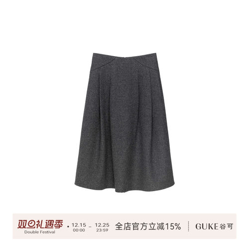 谷可通勤高腰羊毛抽褶A字半身裙