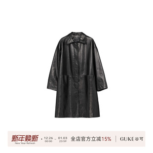 GKE 宽松休闲复古皮衣外套 谷可PY2505翻领绵羊皮长款