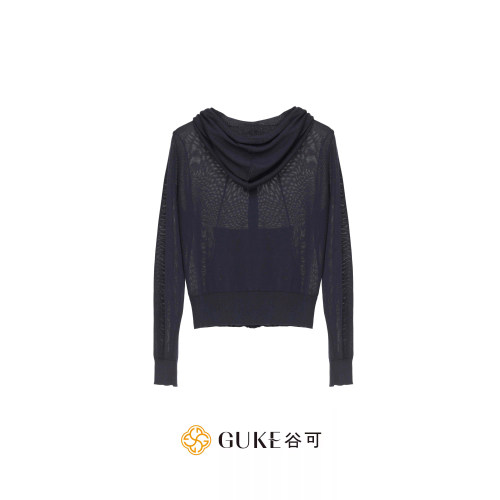 谷可春季连帽拉链针织开衫女修身