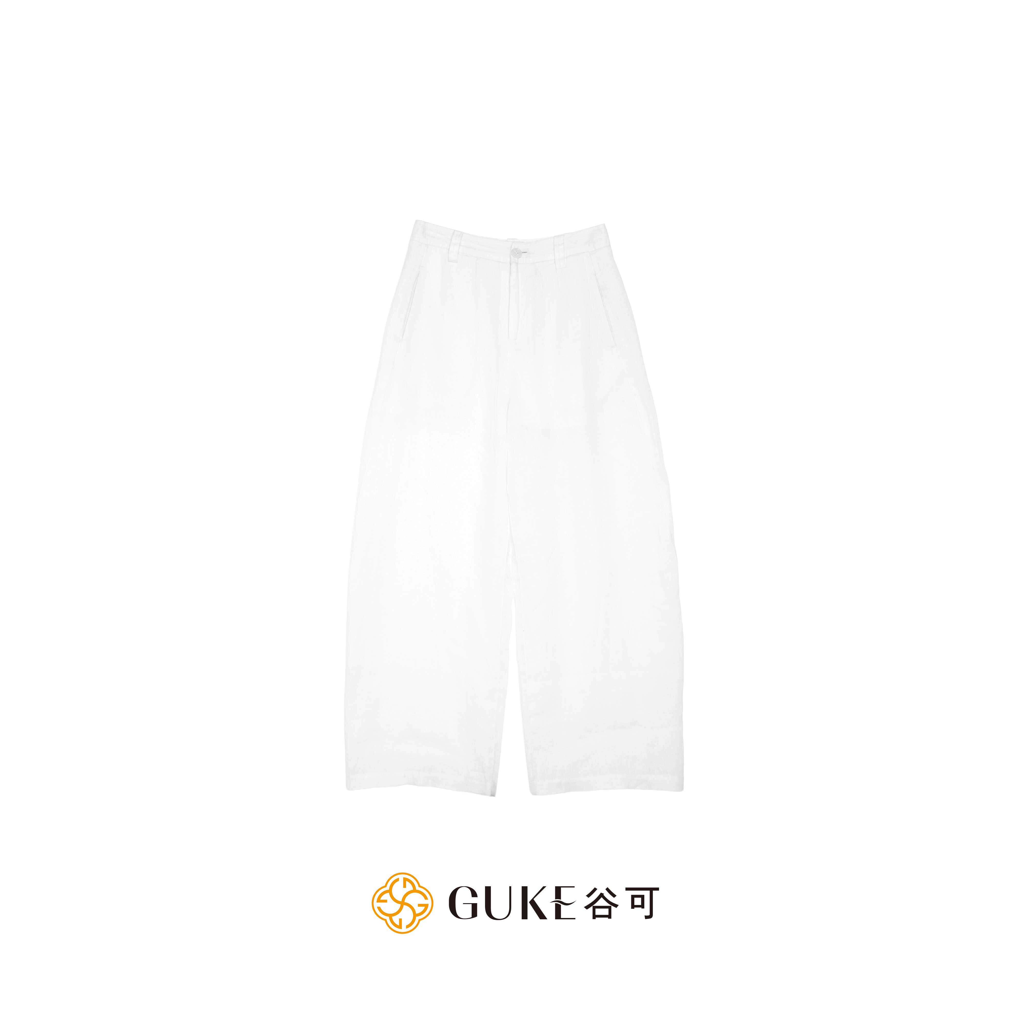 谷可高腰100%亚麻显瘦弯刀裤