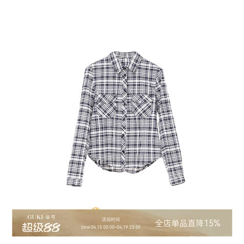 谷可纯棉美式复古格子长袖衬衫女
