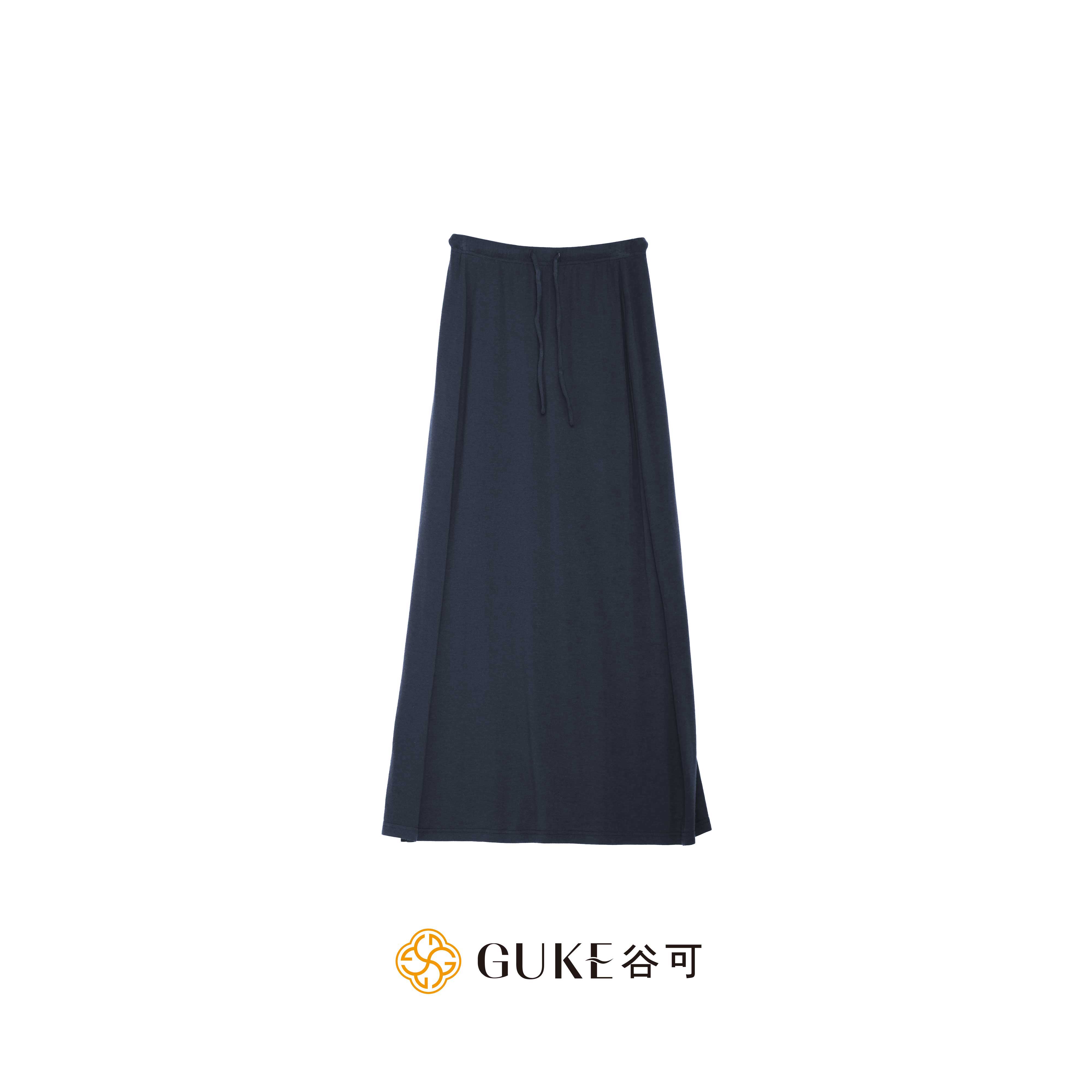 谷可藏青抽绳A字半身裙