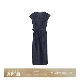 新款 亚麻连衣裙2025夏季 系带收腰气质V领长裙 谷可LQ1516时尚 GKE
