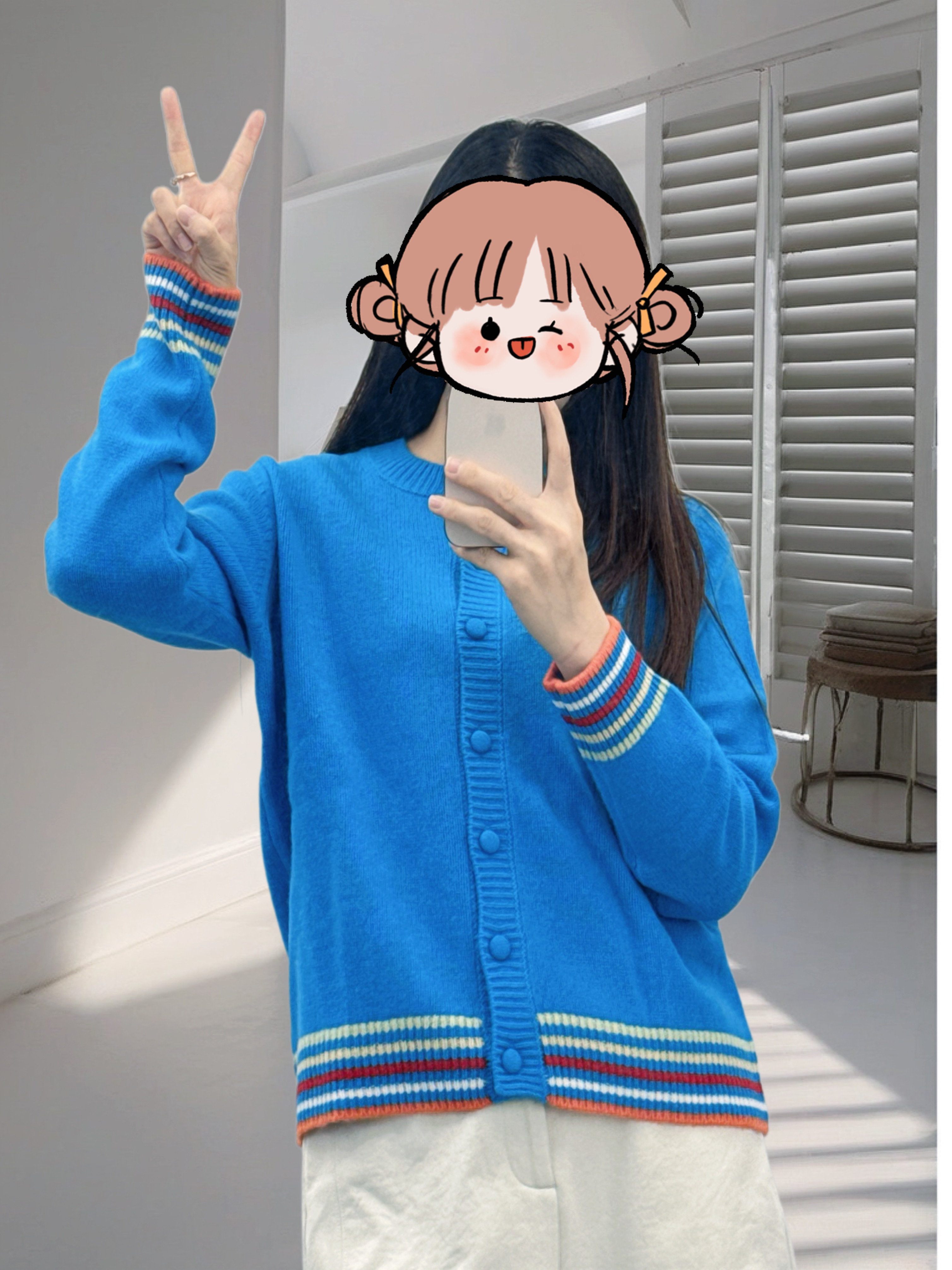 独家彩色款！撞色条纹羊绒开衫女圆领针织配色基础款百搭秋冬毛衣