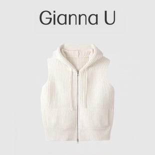 原版在线~意大利单100山羊绒开衫双拉链连帽马甲背心针织无袖灰色