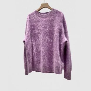 毛绒绒~珍奢重磅100山羊绒衫女拉绒圆领套头宽松毛衣慵懒软糯紫色