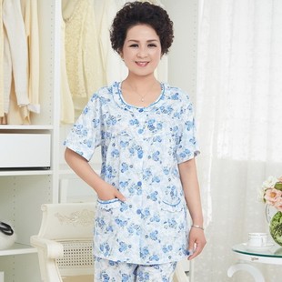 睡衣 美基韵睡衣女夏短袖 七分裤 开衫 前扣宽松中老年妈妈加肥加大码
