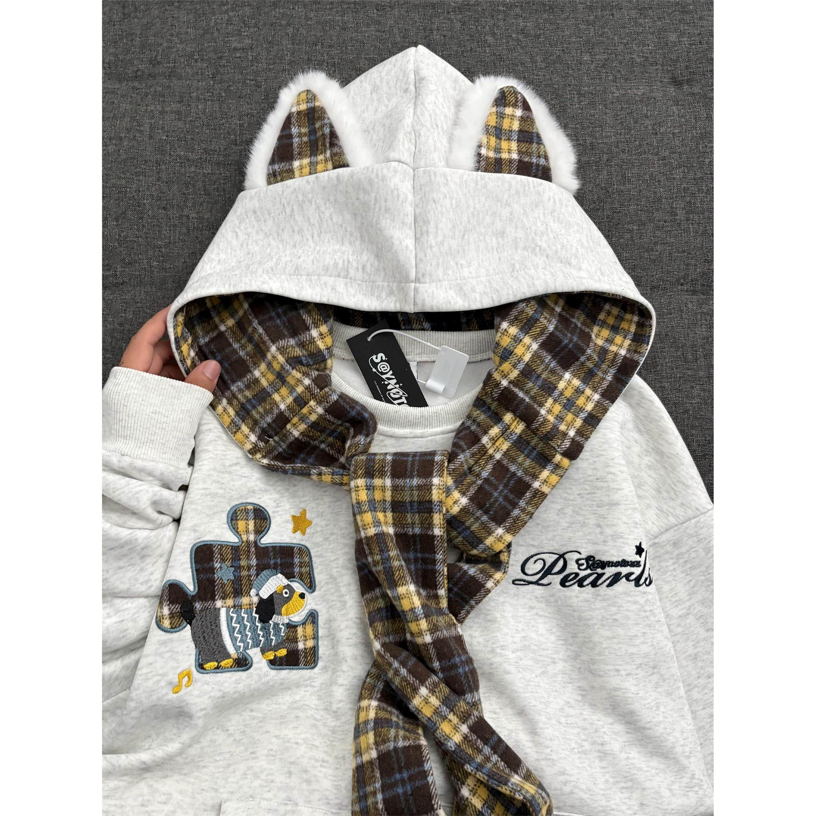 美式覆古格纹披肩绑带连帽卫衣女秋冬宽松慵懒风加绒加厚拼接外套,个性定制/设计服务/DIY,棉服工装,淘宝优惠券,粉丝福利购,淘宝优惠卷