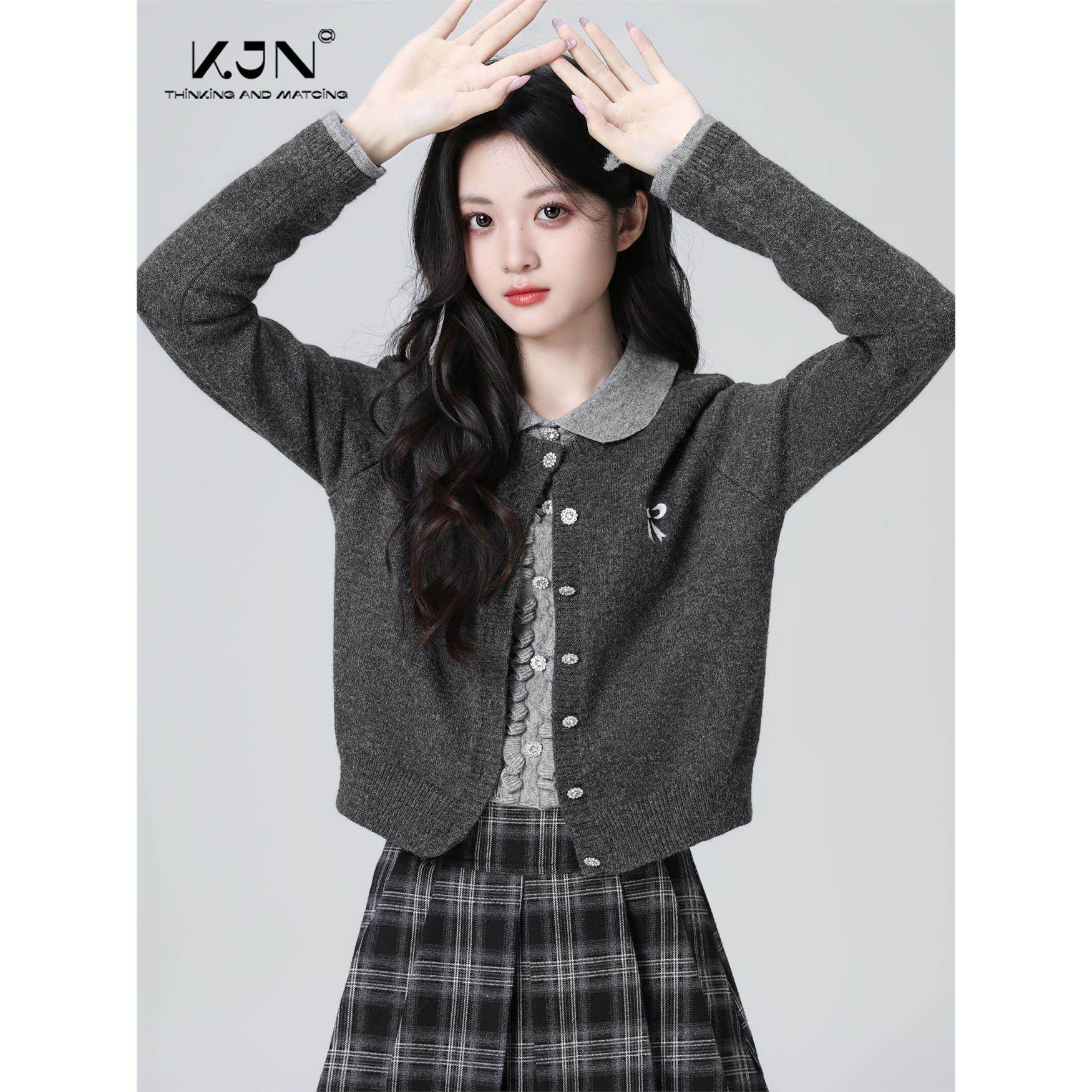 灰色polo领假两件针织开衫女春秋2025秋新款撞色翻领毛衣短款上衣,个性定制/设计服务/DIY,棉服工装,淘宝优惠券,粉丝福利购,淘宝优惠卷