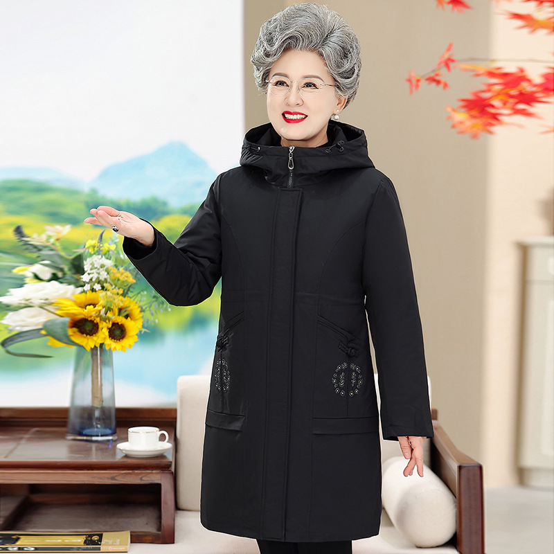 新款中老年羽绒服黑色女中长款大码妈妈派克服冬装奶奶加厚活里