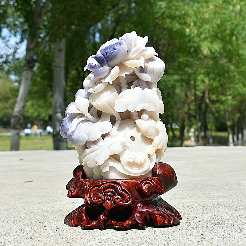 新疆金丝玉玉石玉器摆件原石籽料奇石紫蛋白玉雕件花开富贵