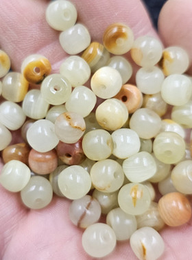 阿富汗玉老型珠玉石散珠青白色黄皮路路通手链项链饰品配件手工珠