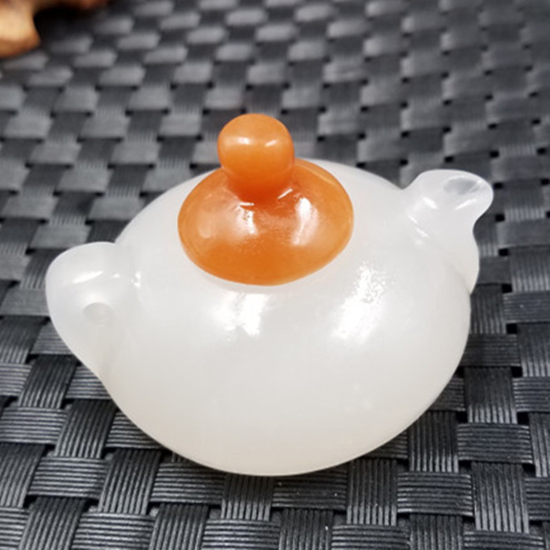新款精美天然玉石新款和田玉金丝玉把把胡吊坠石英岩玉小茶壶摆件