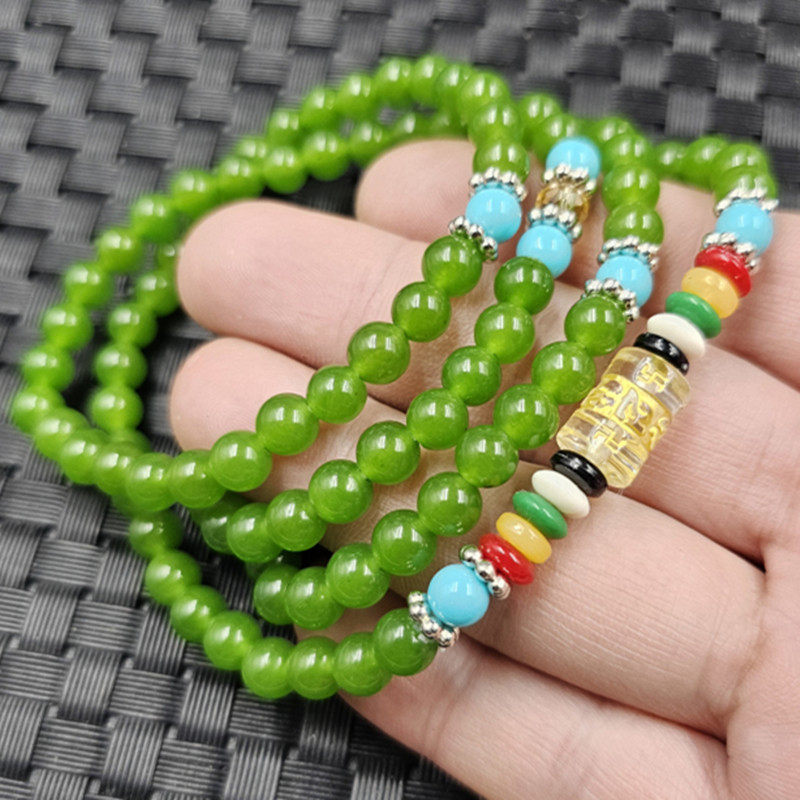 台湾碧玉圆珠玉石手链石英岩玉108颗果绿色多圈手链玉手串手饰