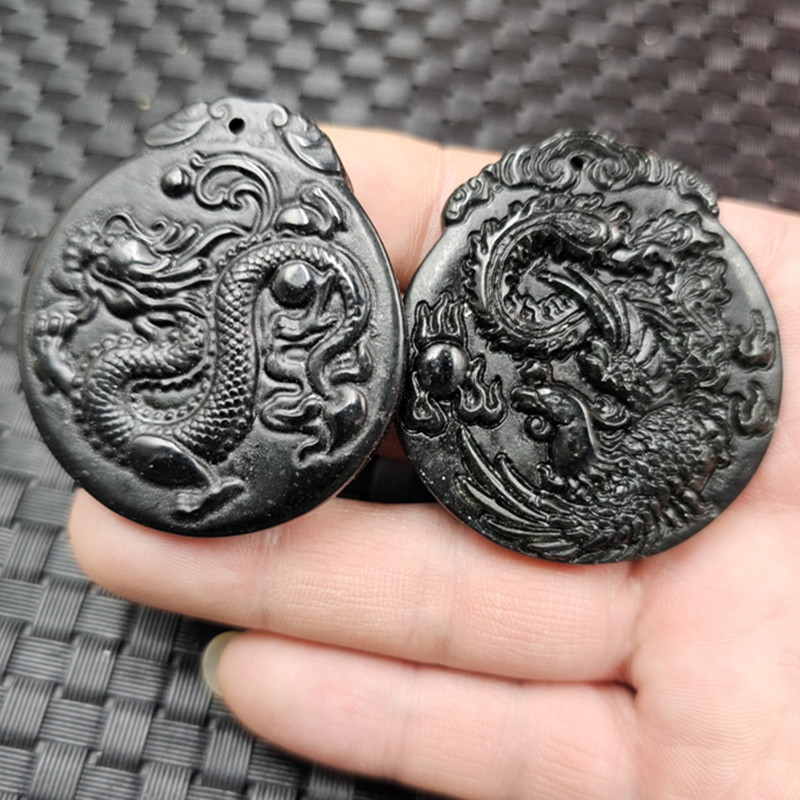 新疆和田墨玉龙凤呈祥玉石挂件墨绿蛇纹石玉龙凤吊坠玉牌子项链坠