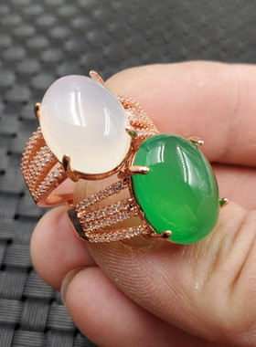 精美天然玉石冰种白玉髓戒指碧绿色玉髓活口戒指鸡血红戒指玉戒指