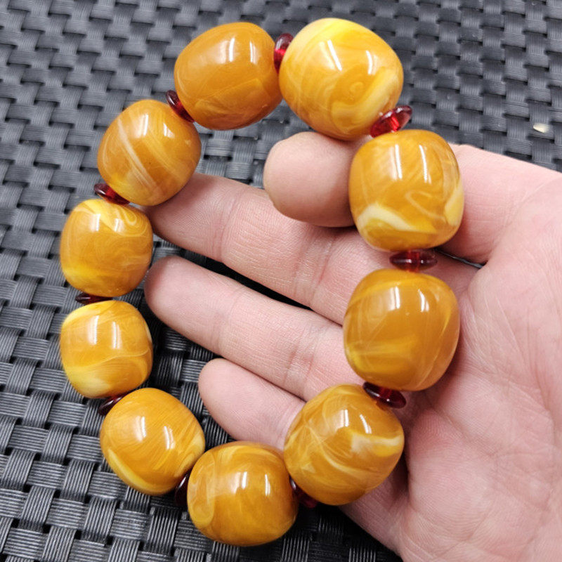 荧光浮盐水蜜蜡桶珠手链姜黄色老蜜蜡路路通手链男女同款手串手环