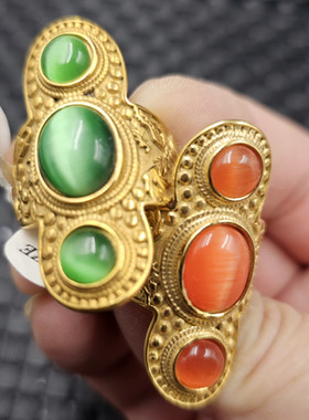 苹果绿猫眼石玉石戒指橘红色