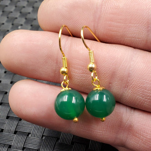玉石耳环碧绿色圆珠耳环绿玉髓玛瑙圆珠耳环玉耳环耳坠耳饰