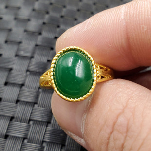 玉石戒指碧绿色戒指石英岩玉蛋面戒指椭圆形戒指活口戒指玉指环