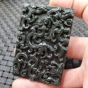 玉石挂件新疆和田墨玉九龙壁挂件墨绿蛇纹石玉九龙挂件复古吊坠