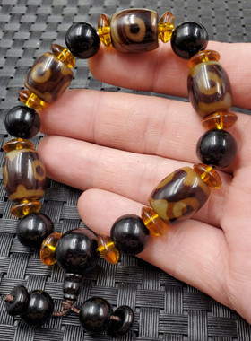 黑玛瑙三眼天珠仿古路路通手链