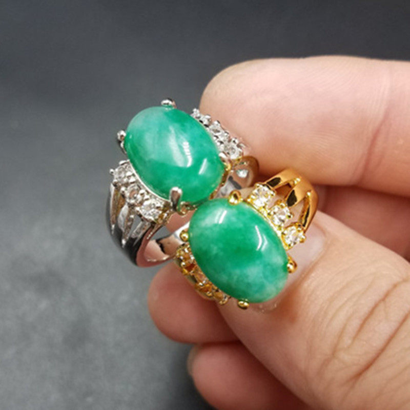 翡翠玉干青蛋面玉石戒指祖母绿满绿椭圆形戒指男女同款戒指玉指环