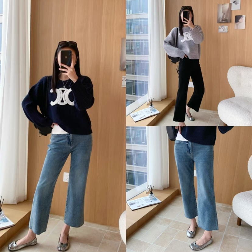 现货发 冬季法式复古 松弛慵懒休闲通勤百搭高腰加绒微喇牛仔裤p9