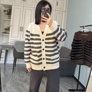 宽松条纹提花针织开衫 牦牛绒 25年冬 重磅680g骆驼绒 纯正渠道