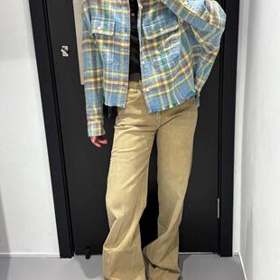 时髦洋气！美式复古色织磨毛格子衬衫女短款毛边流苏破坏