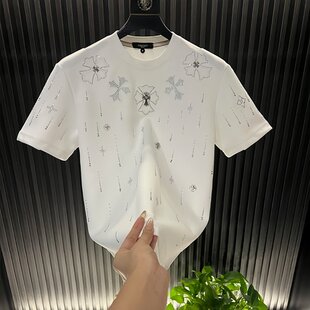 爆款 新款 T恤2026夏季 上衣圆领轻奢重工修身 半袖 男款 高端烫钻短袖