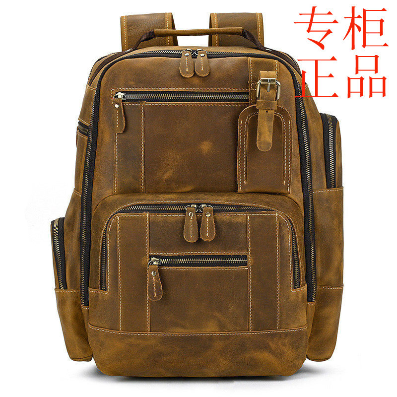㊣新款真皮双肩包欧美复古疯马皮背包大容量旅行包多功能双肩背包