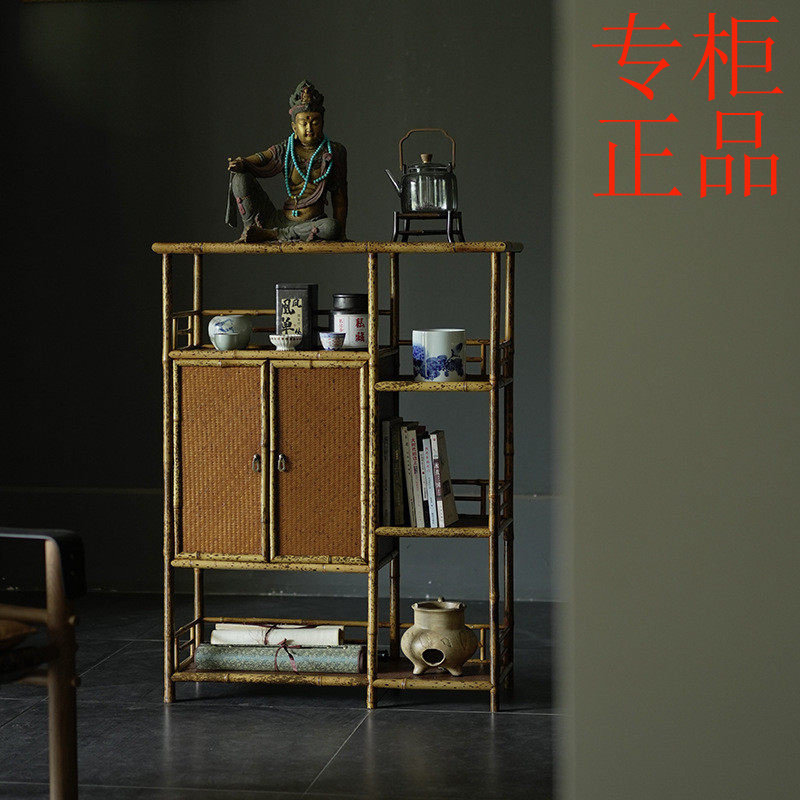 ㊣梅鹿竹茶柜 中式竹家具收纳展示架 多层带柜门落地博古架书架