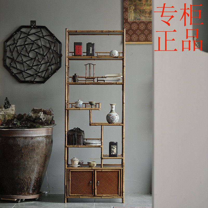 ㊣新中式梅鹿竹制错层茶柜边柜收纳博古架侧柜新古典落地高柜置物