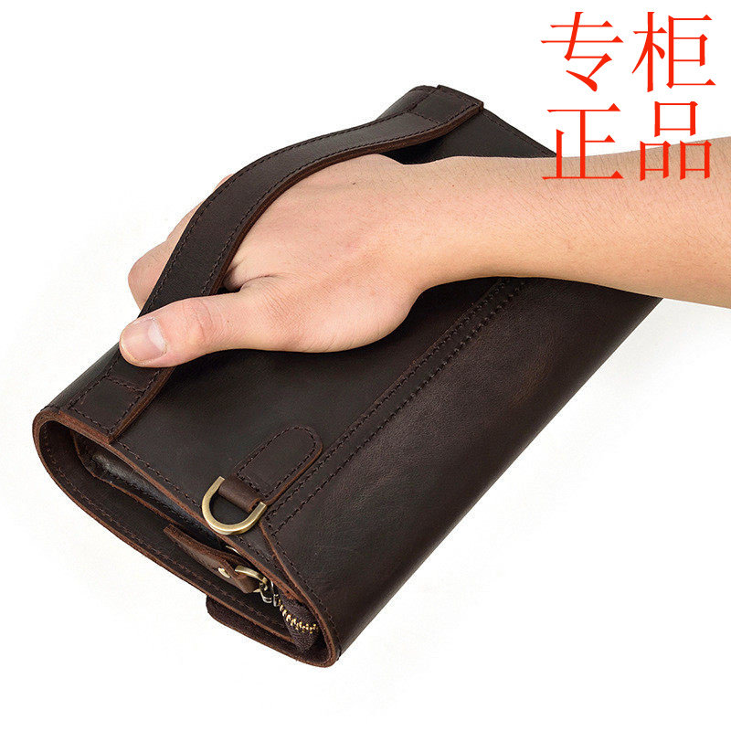 ㊣疯马皮手拿包大容量复古手抓包头层牛皮大容量商务长钱包工厂直