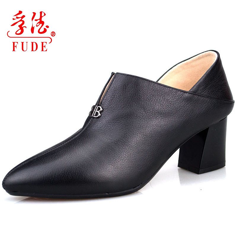 孚德鞋业春秋新款牛皮尖头深口女鞋舒适软皮套脚通勤鞋粗跟单鞋