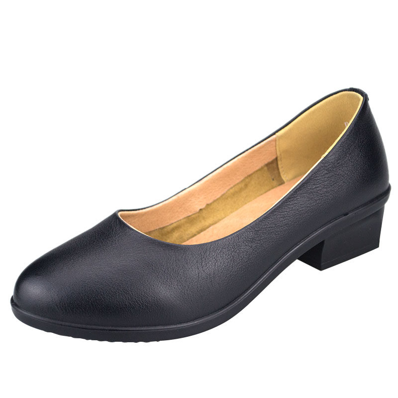 皮鞋春秋新款牛皮女鞋浅口工作鞋圆头单鞋粗跟黑色通勤职业鞋