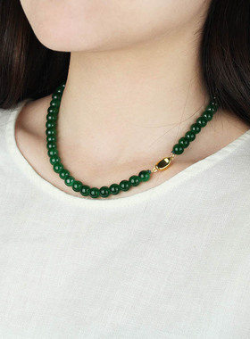 复古国风显白绿色琉璃串珠项链元宝扣新中式锁骨链女百搭气质颈链