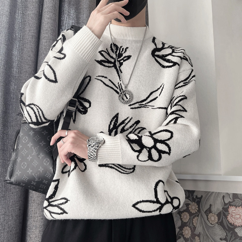 MX126-特P88控128023秋冬装打底衫毛衣男潮流宽松加厚针织衫白2，男装针织衫/毛衣，电商A216