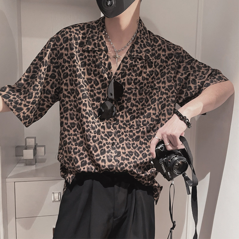 S28B-P58控78衬衫男夏季短袖个性半袖豹纹潮流痞帅设计感半截袖,男装T恤,电商A216