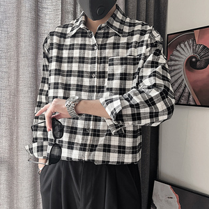 CS66-M-3XL P68控98 95%棉5%聚酯纤维经典黑白方格衬衣反扣微阔版图片