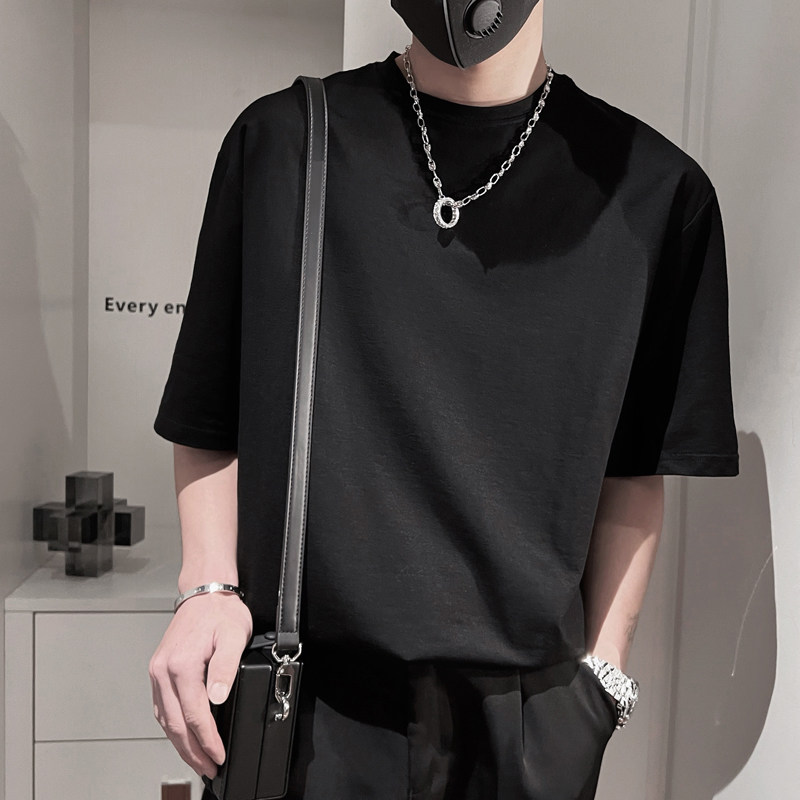 D00B-特2595%棉5%粘胶纤维小伙风微阔纯色圆领短袖男休闲T恤男白,男装T恤,电商A216