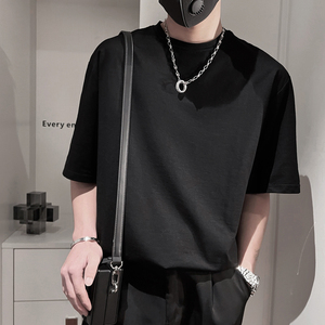 D00B-特25 95%棉5%粘胶纤维小伙风微阔纯色圆领短袖男休闲T恤男白图片