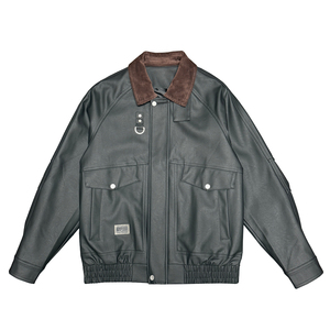 PY05-P128-控168-M-3XL-90%PU皮10%其他拼接绒布翻领皮衣合身版型图片