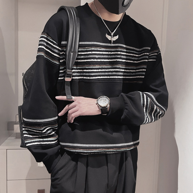 WY153-P68控982023秋季圆领条纹套头宽松卫衣社会小伙拼接卫衣,男装卫衣,电商A216