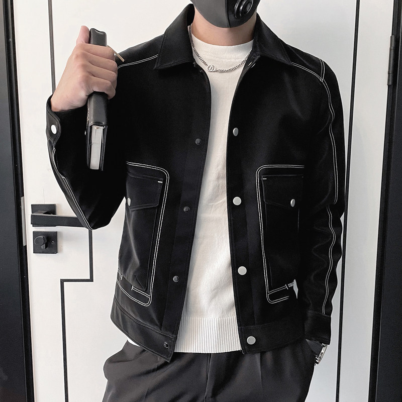 JK75-特P115控158 加绒特P125 2023秋亮扣明线翻领修身小伙皮衣图片