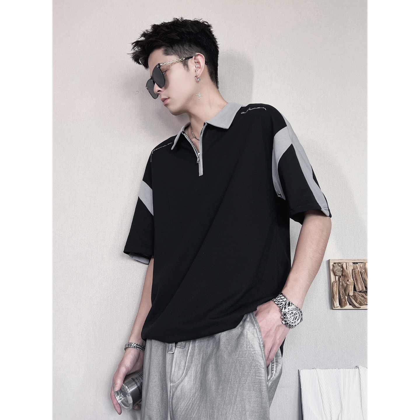 PL37-P38-控58-M-3XL65%棉35%涤异色拼接肩膀刺绣POLO，男装Polo衫，电商A216