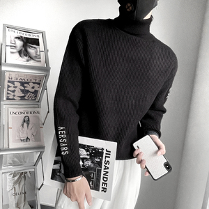 MX86-P88-控118社会小伙2023秋冬翻领潮牌粗针男刺绣高领毛衣黑2,女生 浅棕色马丁靴搭配图片