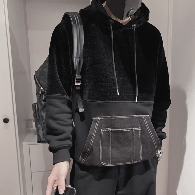 WY196-P98 控138 连帽卫衣男士秋冬季复古宽松休闲拼色加厚外套潮图片