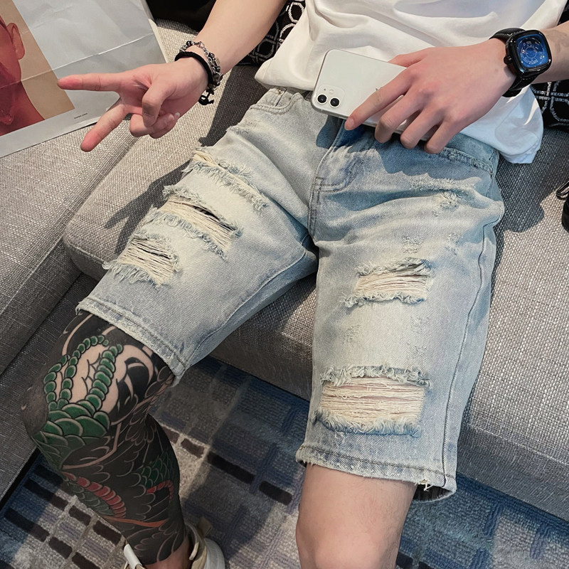 CC872-P65控95棉夏季男破洞修身薄款社会小伙牛仔新款5分裤,男装休闲裤,电商A216